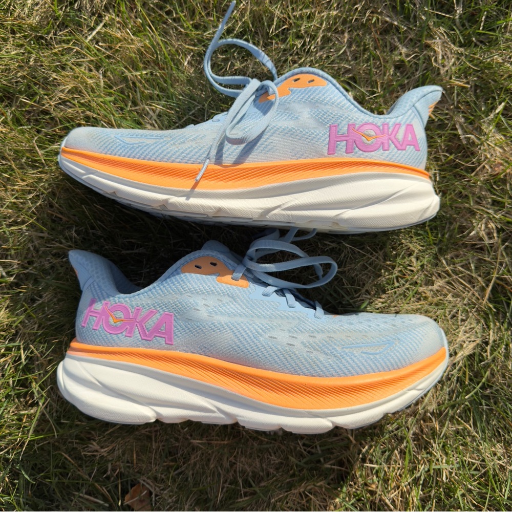 HOKAS Clifton 9 in Orange and Blue